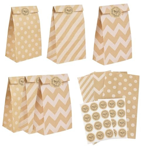 24 Stück Papiertüten Braun Geschenktüten 3 Farben Kleine Kraftpapiertüten Mit 24 Aufkleber für Kindergeburtstag Hochzeit Feiern