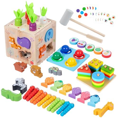 Almaxi Montessori Spielzeug ab 1 Jahr, 8 in 1 Motorikwürfel Baby Spielzeug ab 1 Jahr, 75Pcs Kinder Holzspielzeug Motorikspielzeug, Montessori Spielzeug Baby, Geschenk 1 2 3 4 Jahr Junge und Mädchen