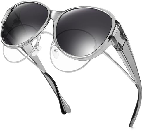 URUMQI Sonnenbrille für Brillenträger Damen Überzieh Sonnenbrille UV400 Schutz Blendschutz Polarisierte Fit over Brille Ultra Leicht Katzenauge Grau Rahmen