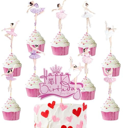 KOBOKO 25 Stück Ballerina Tortendeko, Cupcake Topper, Rosa Happy Birthday Kuchen Deko für Ballett Thema, Cake Topper für Mädchen Torten Deko