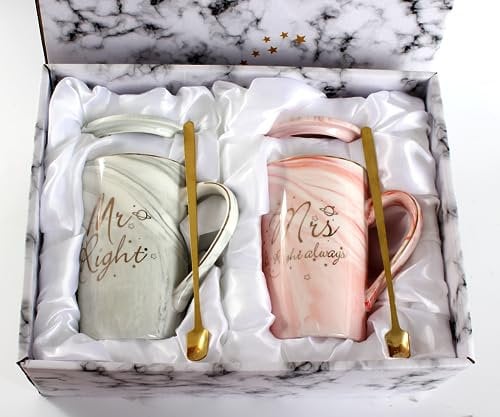 Hylruu Coffee Cups Set, Gifts for Couple Engagement Bridal Shower Bride and Groom Anniversary 14 Oz Ceramic Marble Cup with Gold Pattern (Mr Right & Mrs Always Right)