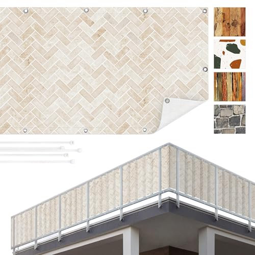Balkon Sichtschutz Steinoptik 75x100 cm inkl. Kabelbinder Wetterfest Blickschutz Balkonverkleidung Balkonbespannung Sonnenschutz Balkongeländer Windschutz Terrasse Garten Deko Ideen Beige TEXBS_1115