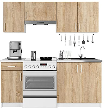 3E 3xE living.com Küchenzeile in Farbe: weiß | Sonoma-Eiche, A: B: 180 cm, H: 203 cm, T: 44,5 cm