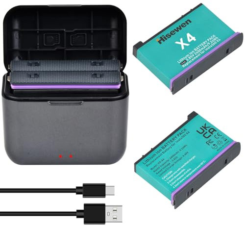 Hisewen X4 Battery for Insta360, 2400mAh Battery and Charger Compatible with Insta 360 X4 Action Camera. (Charger Hub with 2 Batteries)