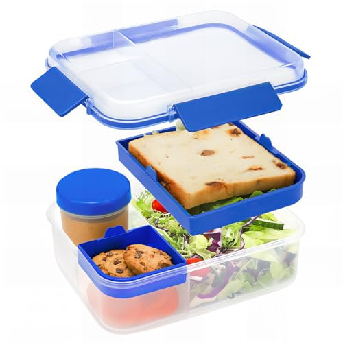 Bugucat Bento Box 1600ML,Lunchbox Salad Lunch Container to Go with Compartment Tray,Bento Lunch Box Salad Bowl with Dressing Container,Meal Prep to Go Containers for Food Fruit Snack Sandwich,Blue