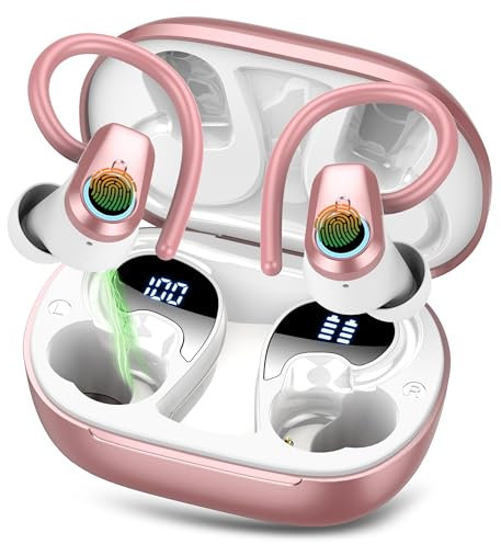 Poounur Wireless Earbuds, Bluetooth 5.4 Headphones with 4 ENC Noise Canceling Mic, 50H Stereo Sport Ear Buds with Earhooks, Dual LED Display Earphones, IP7 Waterproof Wireless Headphones, Pink Gold