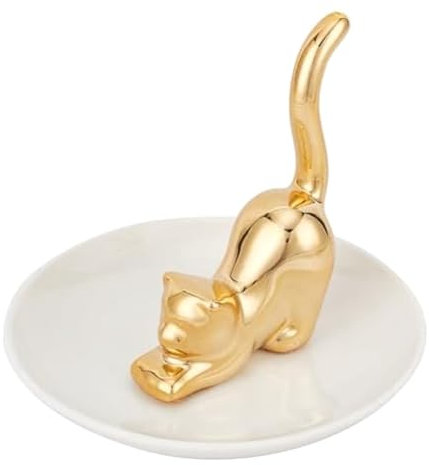 MAKIVI Ringhalter in Form einer goldenen Katze, Tablett in Form eines Katzenschwanzes, Ring, flach, rund, Schmucktablett, Aufbewahrung aus Keramik, Haus