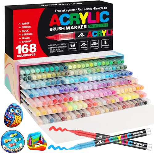 Funnasting 168 Colours Acrylic Paint Pens, Soft Brush Tip Acrylic Marker Pens, Paint Markers for Colouring, Glass, Fabric, Egg, Rock Painting and DIY Crafts Art Supplies