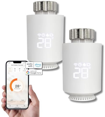 Tête Thermostatique Intelligente Connectée REKA - Contrôle Température Via Appli Tuya, Programmation, Détection Fenêtres Ouvertes - Compatible Assistants Vocaux (2, sans Passerelle)