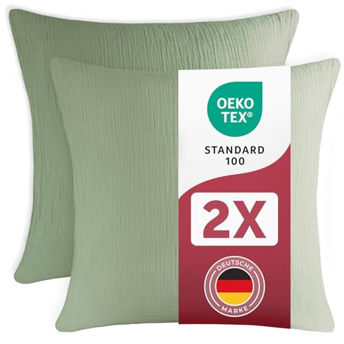 Blumtal Musselin Kissenbezug 80x80 cm 2er Set - Oeko-TEX zert. Musselin Kopfkissenbezug 80x80 aus 100% Baumwolle - weiches Kissen-Set waschbar bei 40 °C - atmungsaktive Sommer Kissenbezüge Sommergrün