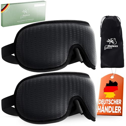OMNIRELEXX Schlafmaske im 2er SET – Atmungsaktive 3D Schlafbrille – Bequeme u. weiche Augenmaske für Frauen u. Männer - 100% Lichtblockierend - Reisebeutel - Vertiefung für die Augen (Schwarz/Schwarz)