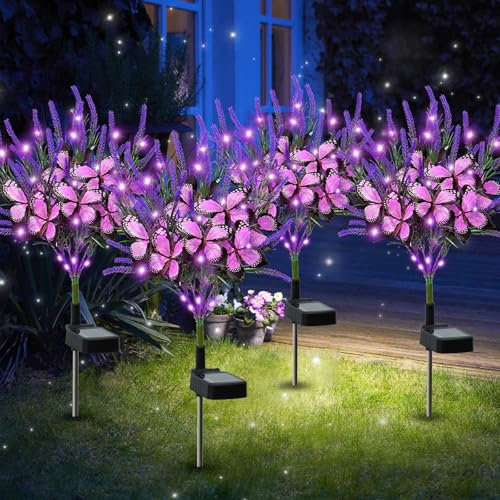 Dremisland Solar-Gartenleuchten für den Außenbereich, 4 Stück, lila Lavendel, Solar-Schmetterling-Lichter, künstliche Blume, wasserdicht, Garten, Hof, Terrasse, Rasen, Weg, Dekoration, Gartengeschenke