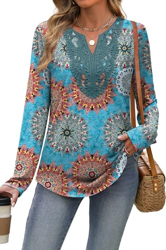 XIEERDUO Womens Long Sleeve Tops Ladies Blouse V Neck Tunic T Shirts Curved Hem Solid Color Comfy Loose Tops Office Wear Blue Green Top Size 22-24 UK