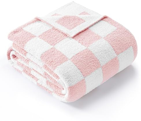 Exclusivo Mezcla Karierte Decke, Weiche Gestrickte Kuscheldecke, 130x150 cm | Kuschelige Karo Fleecedecke, Weich und Flauschig für Sofa und Bett, Wohndecke als Bettüberwurf, Rosa