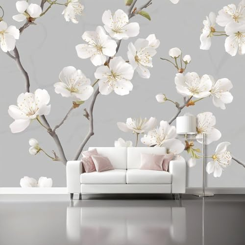 Vlies Fototapete 300 x 210 cm Foto Tapete Schlafzimmer Wohnzimmer Moderne Neu Chinesischen Stil Kirschblüten Elegante Wandtapete Motivtapeten Bildtapete 3d Effekt Wand Dekoration Weiß Grau
