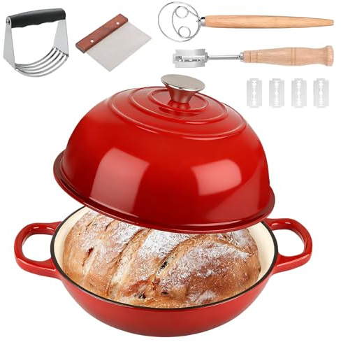 TECKZOON 26 cm Emaille Schmortopf, 5,7L Gusseisen Bräter mit Deckel & Griffen und Brotgärung Zubehör, Oval Topf Brot BackenDutch Oven für Küche Backen Bräter & Schmortöpfe
