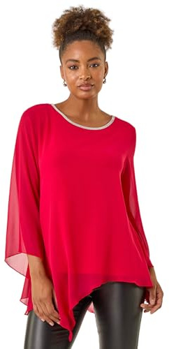 Roman Originals Sparkly Asymmetric Chiffon Top for Women UK - Ladies Everyday Autumn Winter Round Neckline Comfy Soft Evening Vacation Work Party Night Out