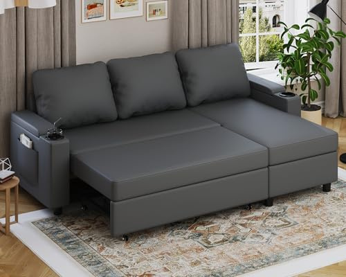 Devoko Corner Sofa Bed with Storage, L-Shaped Sofa Bed 3 Seater Sectional Sofa Couch Convertible Bed Settee for Living Room, Black