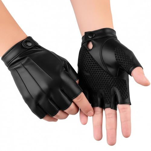 Nhgkju Lederhandschuhe Fingerlose, Rutschfeste PU Leder Halbfinger Handschuhe, Schwarz Punk Handschuhe Ohne Finger für Herren Damen Winter Leder Fahren Motorrad Autohandschuhe Trainieren Outdoor