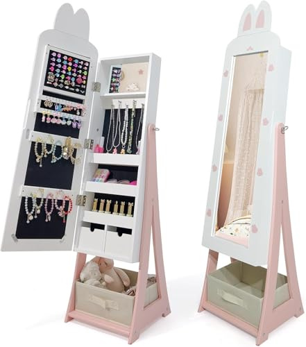 LEADZM Kinder Schmuckschrank mit Spiegel，Schmuckschrank Hängend， 3-in-1 Spiegelschrank mit Ganzkörperspiegel & Aufbewahrungskorb，Für Kinderzimmer Geeignet，für Kinder ab 3 Jahren，Hasenstil（Weiß）