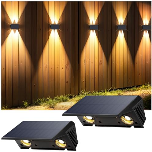 IIRARA Applique Murale Exterieur Solaire 2 Articles Lampe Solaire Puissante Blanc Chaud Lumiere Solaire Exterieur Haut et Bas Spot Extérieur Solaire Éclairage 1500mAh pour Chemins et Piscine