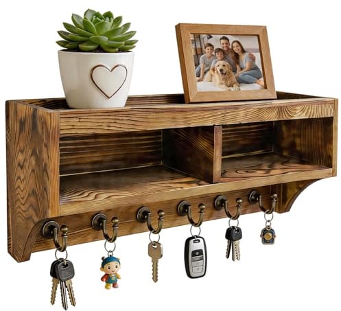 TopEsct Schlüsselbrett mit Ablage aus Holz, Schlüsselhalter Wand mit 6 Haken, Stabile Schraubenmontage für Flur & Eingangsbereich - Massivholz Kiefer 35,5 x 14,5 x 9,6 cm