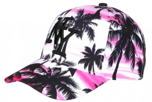 NY Cap Rosa und Weiß Palmen Schwarz Design Tropical Sunset Baseball – Einheitsgröße – Rosa