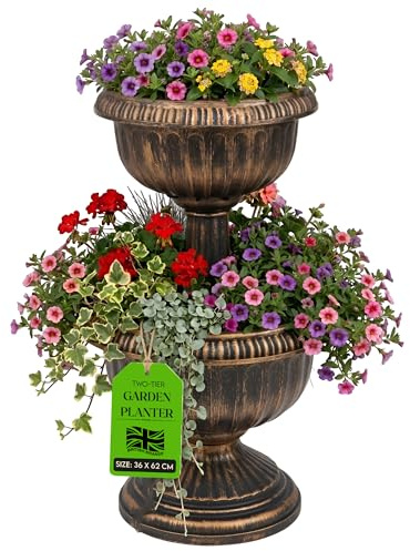 MY Garden Planter 2 Tier – Tower Flower Planter with Bronze Antique Effect – Weather Resistant Tiered Garden Planter for Patio, Garden & Decking, 36 x 62cm