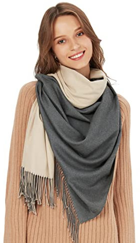 MaaMgic Schal Damen Zweifarbig Stola mit Baumwolle Herbst Winter Mehrfarbige Deckenschal MEHRWEG Grau Hellkahki