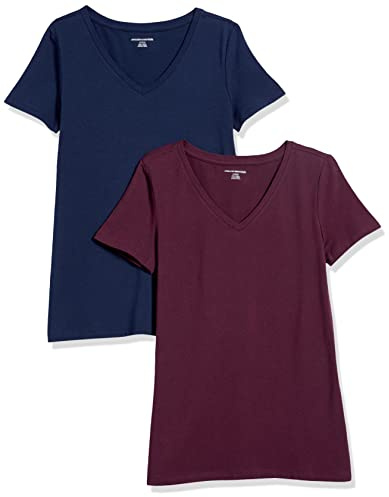 Amazon Essentials Women's Regular-Fit Short-Sleeve V-Neck T-Shirt, Pack of 2, Burgundy/Navy, S