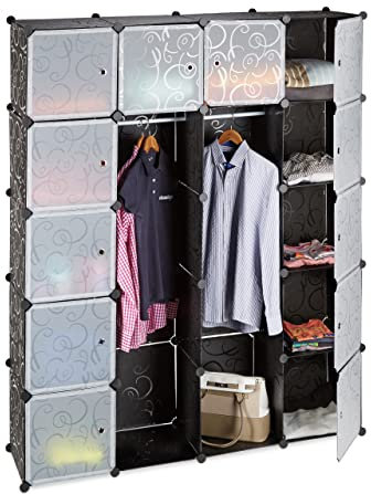 Relaxdays Kleiderschrank Stecksystem mit 2 Kleiderstangen, Garderobe mit 14 Fächer, Kunststoff Regalsystem, schwarz