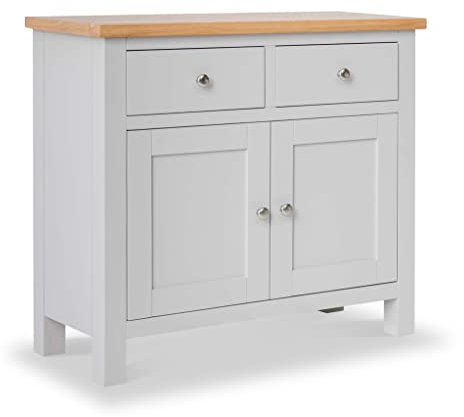 RoselandFurniture Farrow Grey Small Sideboard for Living Room | Fully Assembled Painted Storage Cabinet Solid Wood 2 Door Cupboard with 2 Drawers and Oak Top for Kitchen, Dining Room or Hallway