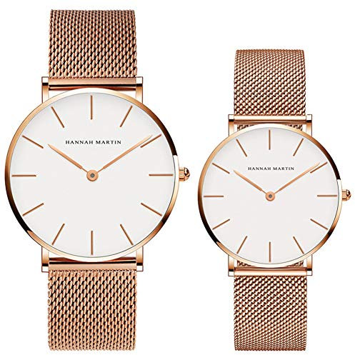 Kubagom Paar Uhren Analog Quarz Edelstahl Wasserdicht Mesh Ultradünne Set für Sie und Ihn (Weiß Oberfläche,Rosegold Armband)