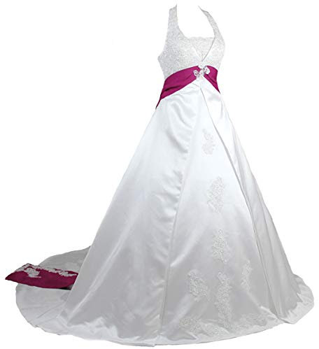 Zorayi Élégant A-Ligne Licou-col Satin Vêtements de mariée Robes de Mariage Longue Robes de mariée sans Manches Blanc & Rose Taille 40