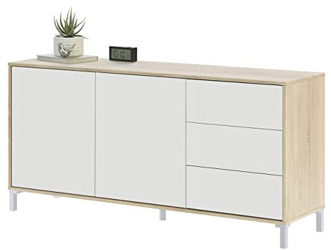 Habitdesign Aparador 2 Puertas + 3 Cajones, Buffet, Modelo Brooklyn, Acabado Roble Canadian y Blanco Artik, Medidas: 74 cm (alto) x 154 cm (ancho) x 41 cm (fondo)