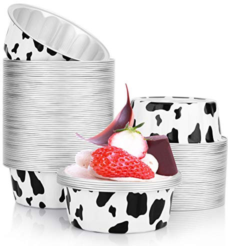 Beasea Pirottini usa e getta per la cottura, 226,8 g, confezione da 100 bicchieri in alluminio da 9,9 cm, colore bianco e nero, con stampa di mucca, per soufflé, muffin, cupcake, mini budini, per