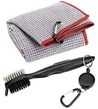 Namvo Golf Club Brush and Towel Cleaner Kit, Dual Sided Nylon & Steel Club Groove Ball Cleaning Tool Brush with Loop Clip for Hanging on Golf Bag Golf Gifts for Him