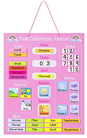 Navaris Kalender Tafel für Kinder - Lerntafel Jahreszeiten Uhr - Magnet Spiel Lernuhr - Kinderkalender Jahreskalender magnetisch rosa - französisch