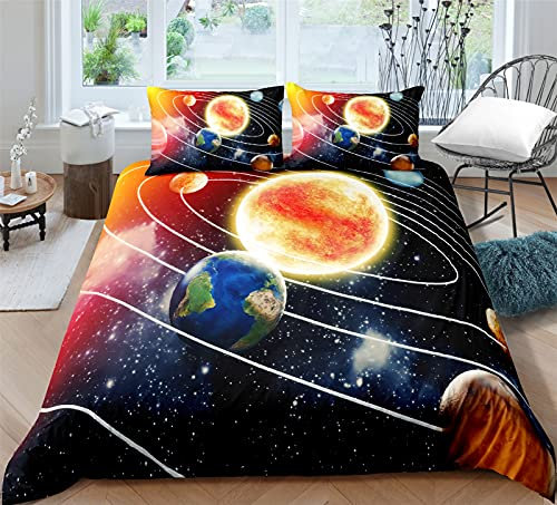 Timiany Kinder Bettwäsche Set Sonnensystem Planet Jungen-Teenager-Bettbezüge Mit Reißverschluss 135x200cm+80x80cm Planeten & Sterne Mikrofaser Bettbezug (Universum-J,135x200+80x80)