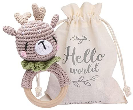 Youuys Babyrassel Gehäkelte Holz Häkeln Tiere Greifling Baby Holz Rassel Baby mit Sound Handmade Rassel für Neugeborenes Baby Geschenk Junge und Mädchen Geschenk zur Geburt (Elch)