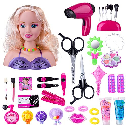 Uposao 35 Stücke Kinder Schminkkopf Frisierkopf inklusiv Kosmetik und Zubehör Haartrockner Make-up Pinsel Schminkpuppe Styling Kopf Kinder Rollenspiele Spielzeug für Mädchen ab 3 Jahren