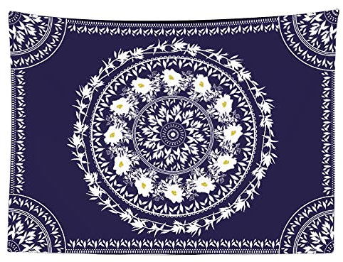 Ulticool Mandala Weiße Blumen Blätter Natur – Wandteppich – 200 x 150 cm – großer Wandteppich – Poster Dekoration – Zubehör Hippie Bohemian – Leinwand – Blau
