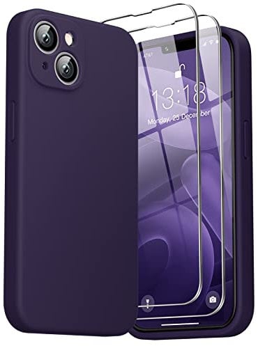 GOODVISH 3 in 1 Designed for iPhone 14 Plus (6.7) Liquid Silicone Case 2022, with 2 Pack Screen Protector, Shookproof, Anti-Scratch Gel Rubber Slim Phone Cover [360° Full Protection], Deep Purple