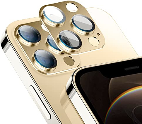 Niboow Camera Lens Protectors for iPhone 12 Pro, Aluminum Alloy 9H Tempered Glass Anti Scratch Camera Cover, HD Full Cover Camera Lens Protector Film for iPhone 12 Pro - Gold