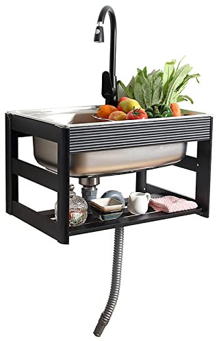 ZYFC Verbesserte Edelstahlspüle, Spüle mit Einer Schüssel, Mini Spülbecken zur Wandmontage mit Ausziehbarem Wasserhahn und Abfluss, für Gewerbliche Restaurant-Küchen-Waschküche im Freien