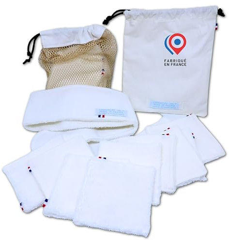 Carrés Démaquillants Lavables - JaMoonLBV Jml® Made in France - 10 Carrés de Coton Épais pour Démaquillage Visage + 1 Bandeau pour Cheveux + 1 Pochette de Transport + 1 Filet de Lavage en Machine