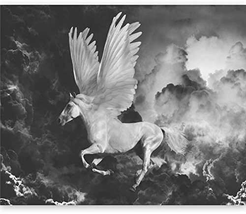 murando Fototapete PREMIUM Pegasus 400x309 cm Vlies Tapeten Wandtapete XXL Moderne Wanddeko Design Wand Dekoration Wohnzimmer Schlafzimmer Büro Flur Tiere Pferd Einhorn Himmel Wolken grau
