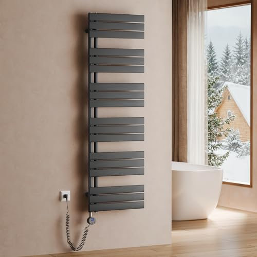 S'AFIELINA Radiateur de Salle de Bain avec Thermostat 1599x500 mm, 1000W, Sèche-Serviettes à Panneau Plat avec Tige Chauffante, Raccordement Latéral, Anthracite (RAL7016)
