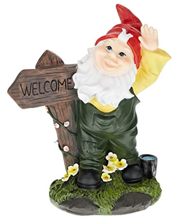 Relaxdays Nain de Jardin Panneau Welcome, résiste aux intempéries et Gel, HxLxP: 27x22x12 cm, Figurine, Multicolore