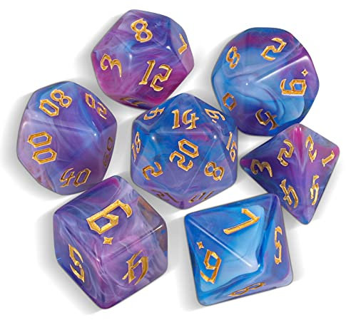 QMAY DND Dice Polyhedral Dice Set - 7 Pieces for Dungeon and Dragons MTG RPG D&D D20, D12, D10, D%, D8, D6, D4 (Blaue und Violette schwebende Seide)